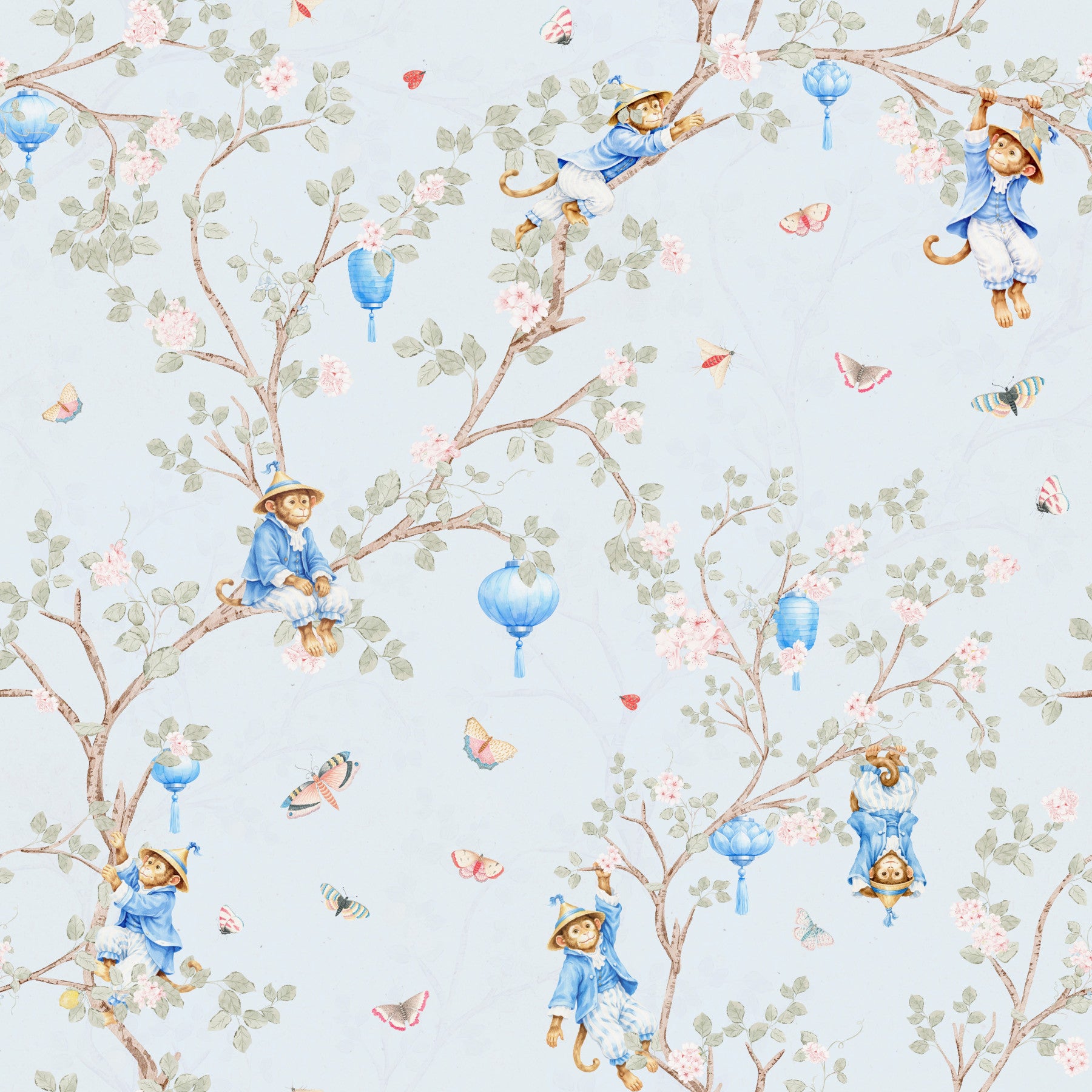 Vintage Rococo Chinoiserie Asian Lanterns with Monkeys and Sakura Flowers blue Wallpaper⁠