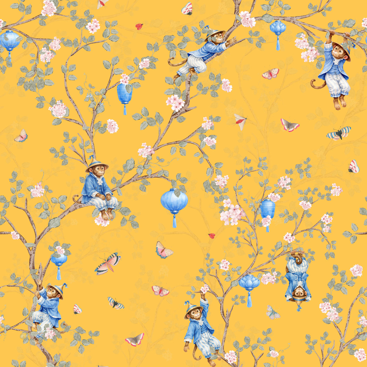 Vintage Rococo Chinoiserie Asian Lanterns with Monkeys and Sakura Flowers yellow Wallpaper⁠