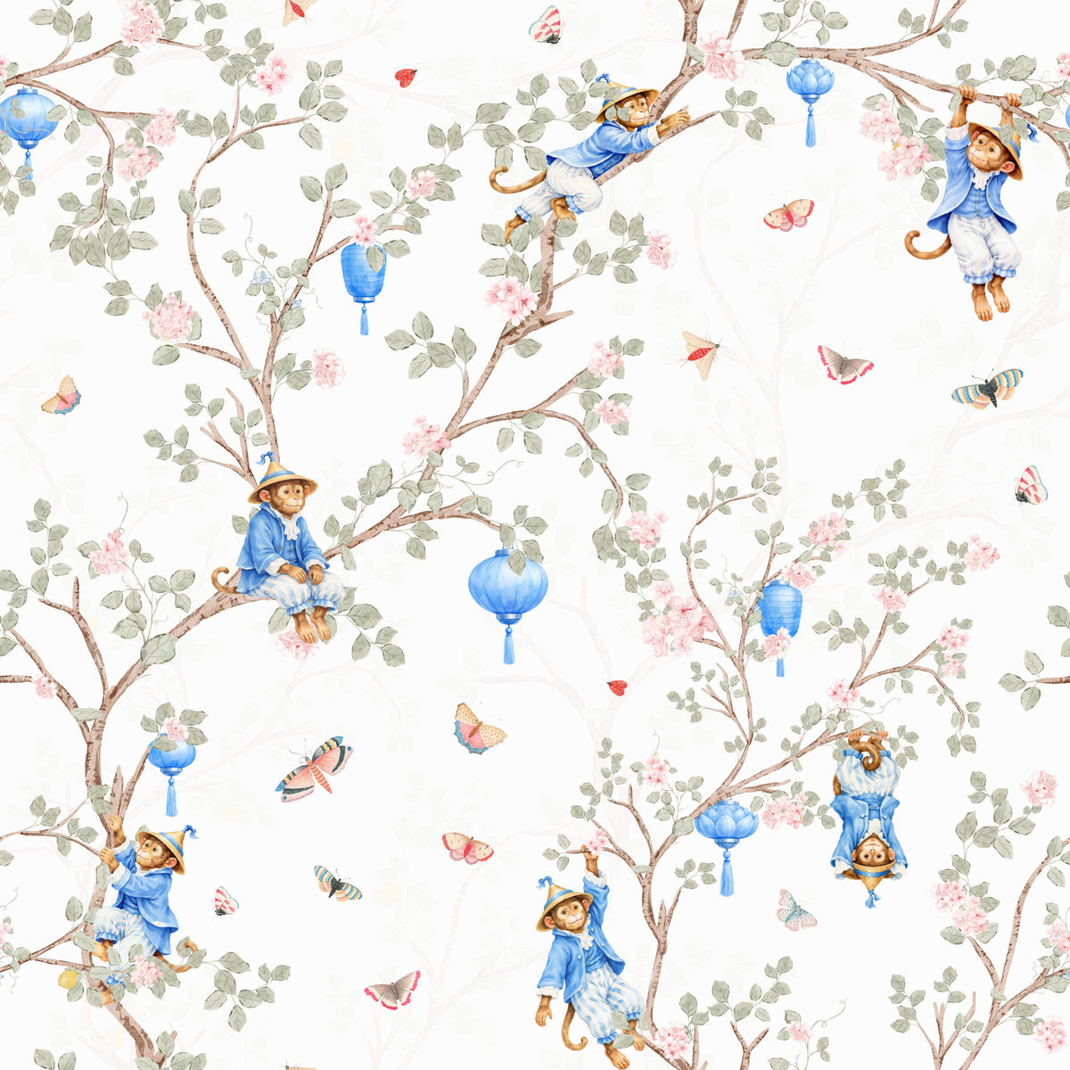 Vintage Rococo Chinoiserie Asian Lanterns with Monkeys and Sakura Flowers white Wallpaper⁠ in your room — zoomed