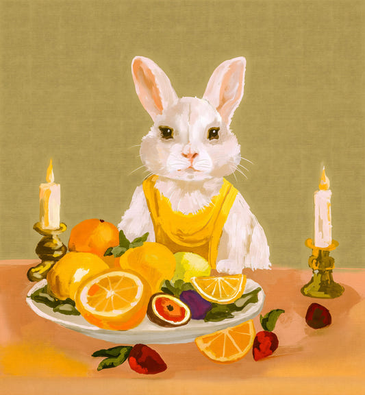 Bunny Candlelight Fruit Dinner Oil Painting Wall Mural