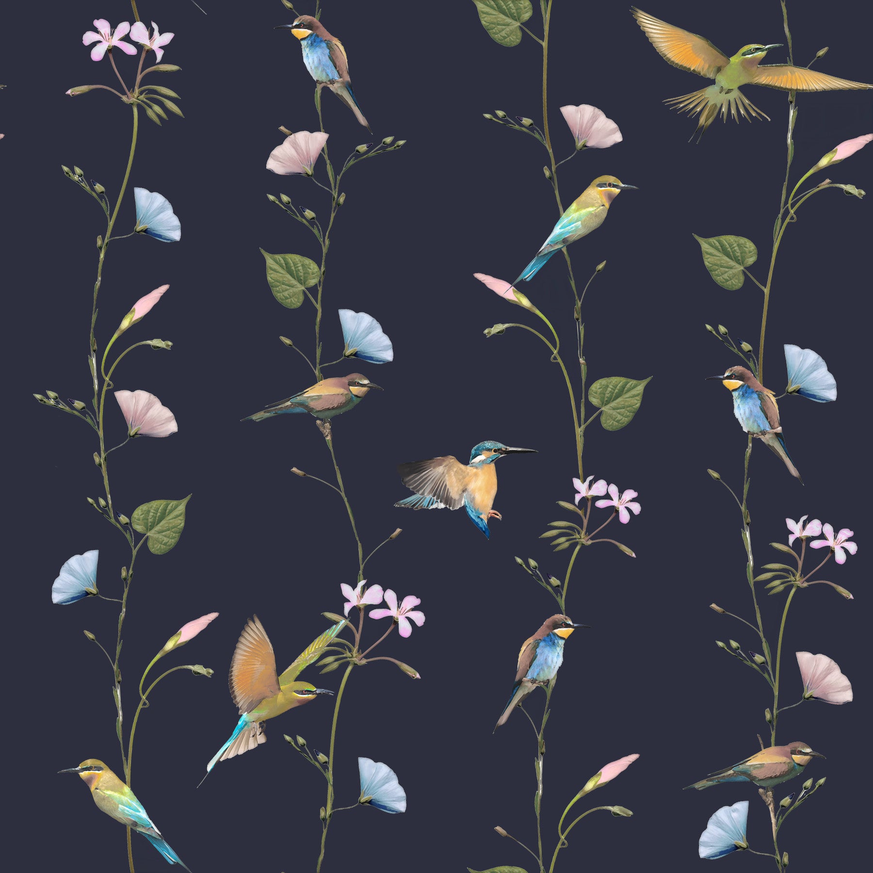 Vintage Birds in Moonlit Garden Wallpaper⁠