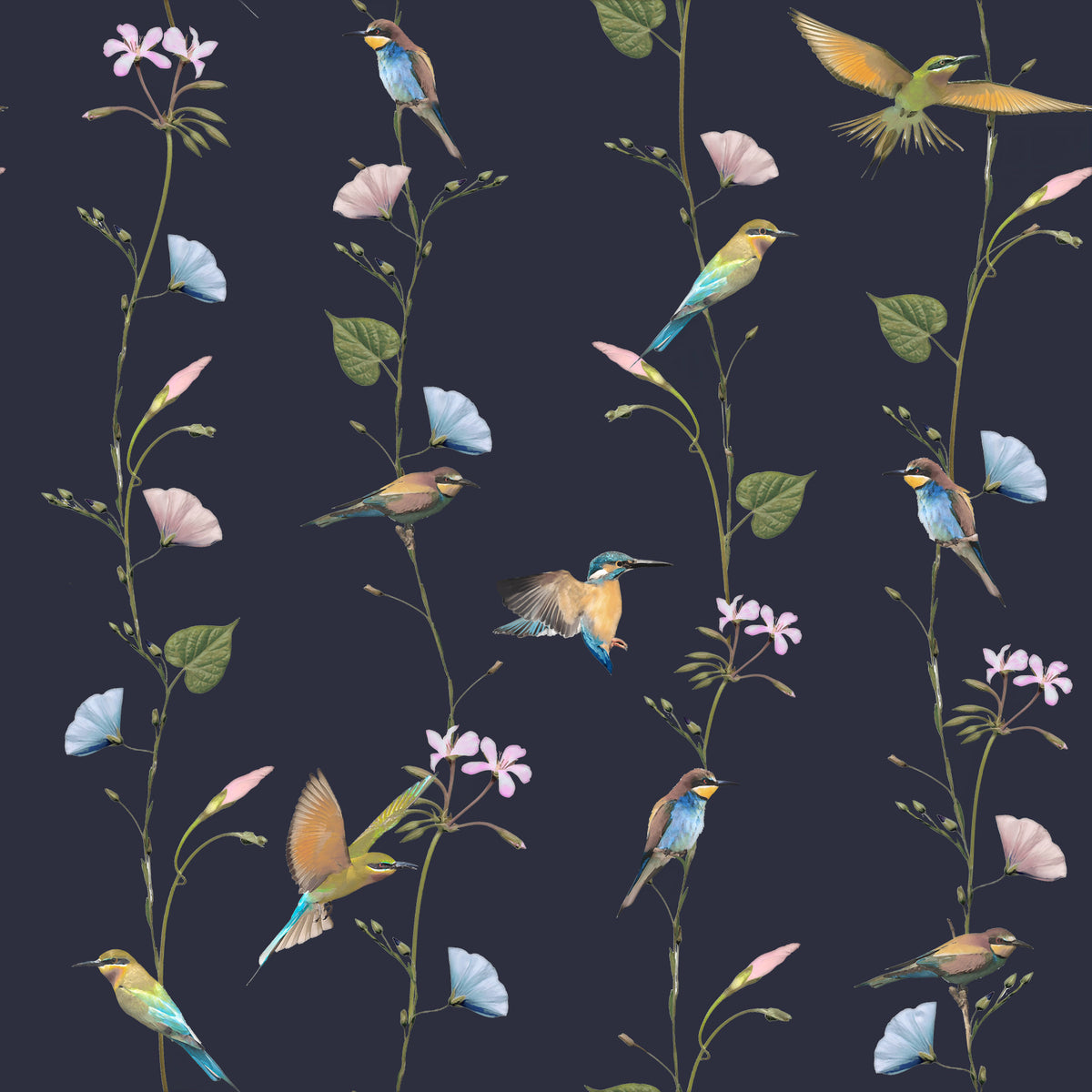 Vintage Birds in Moonlit Garden Wallpaper⁠ in your room — zoomed