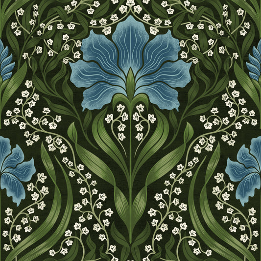 Intricate floral damask - blue Wallpaper