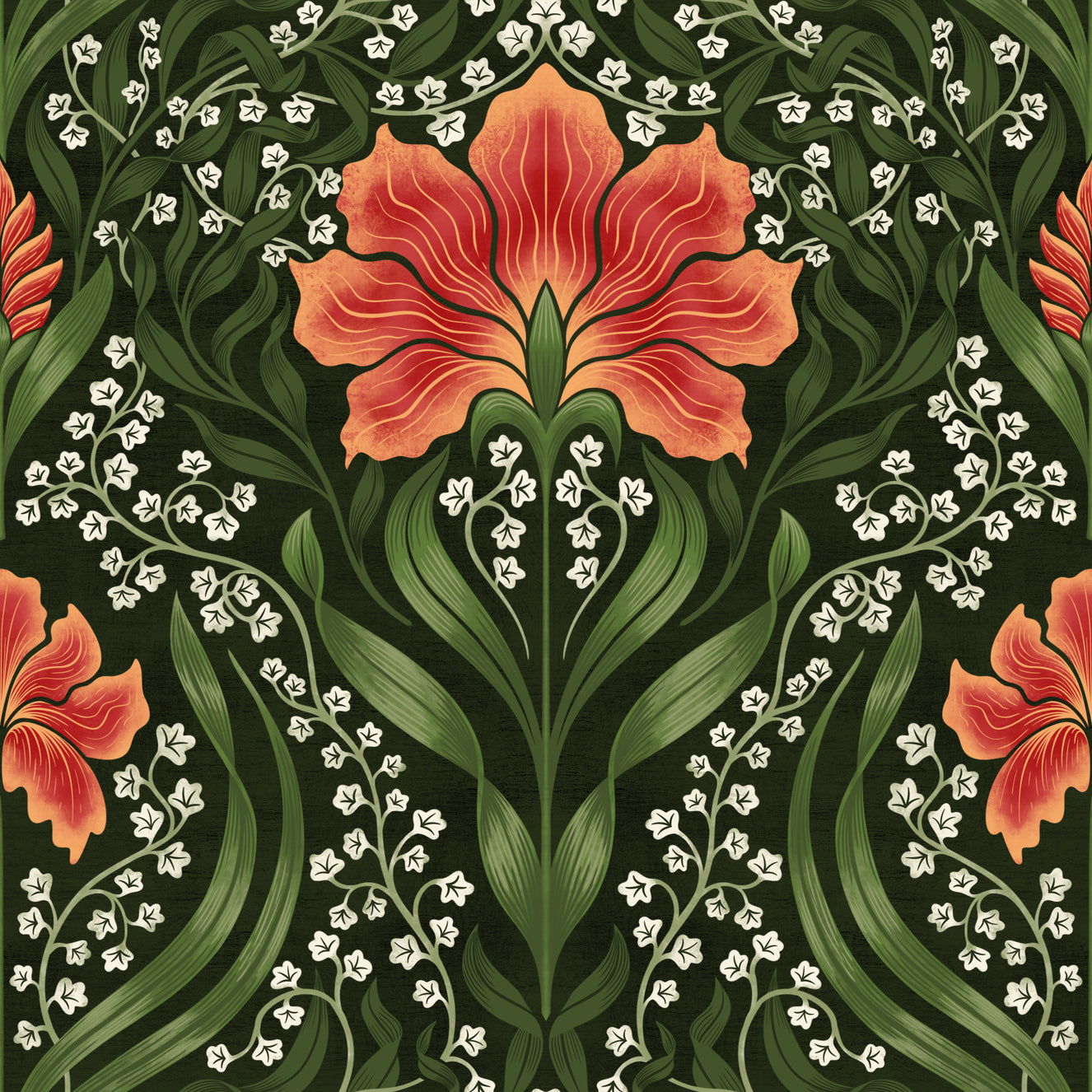 Intricate floral damask - red Wallpaper⁠