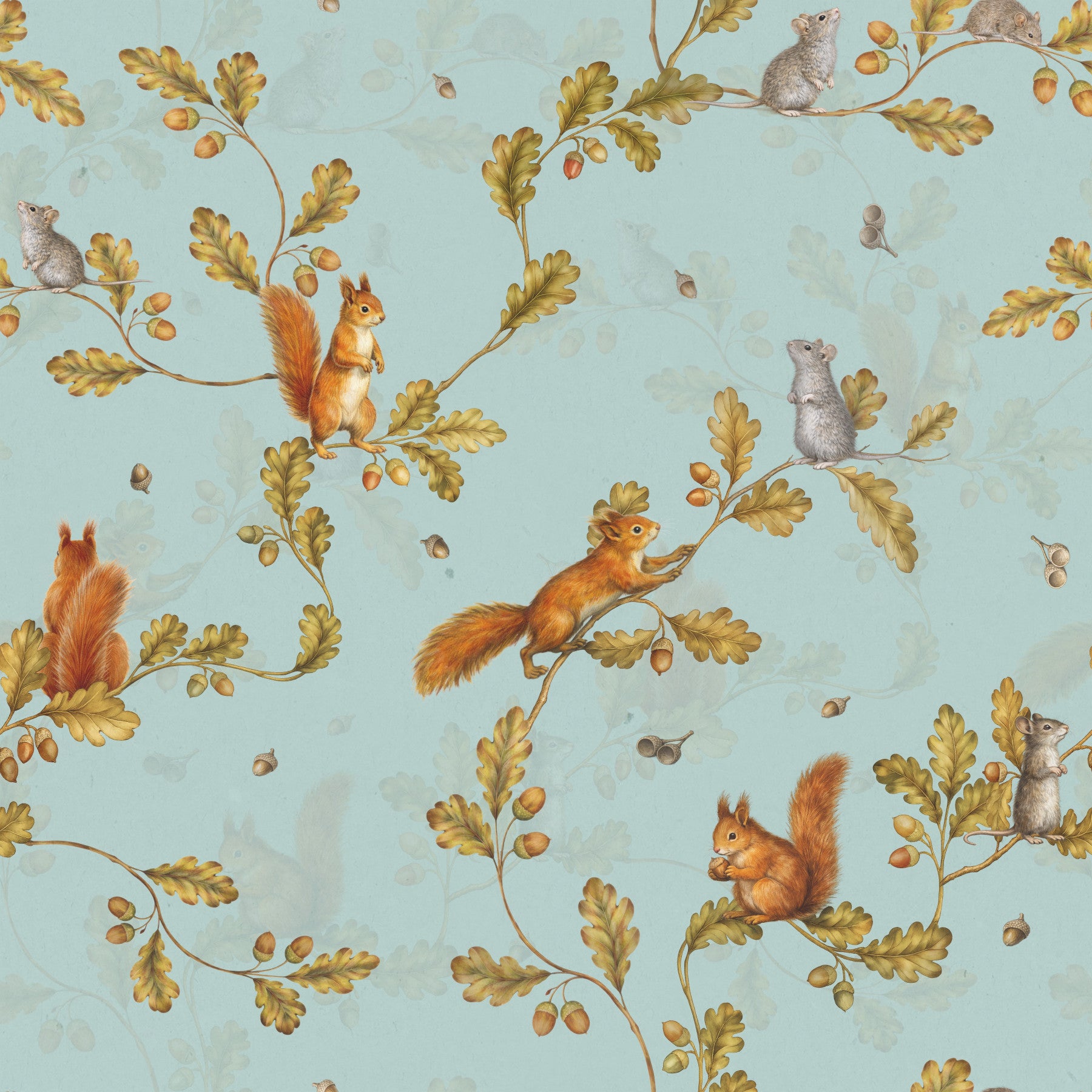 18th Rococo Forest Chinoiserie with Squirrels and Mice on Oak Tree Branches teal Wallpaper⁠ in your room — zoomed