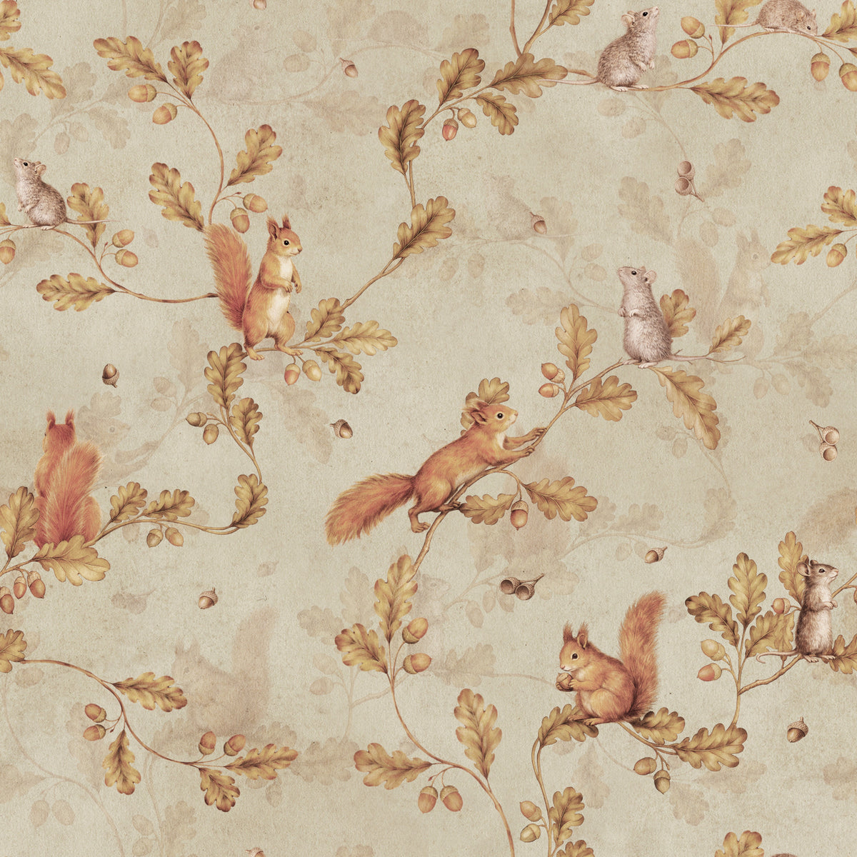 18th Rococo Forest Chinoiserie with Squirrels and Mice on Oak Tree Branches beige Wallpaper⁠ in your room — zoomed