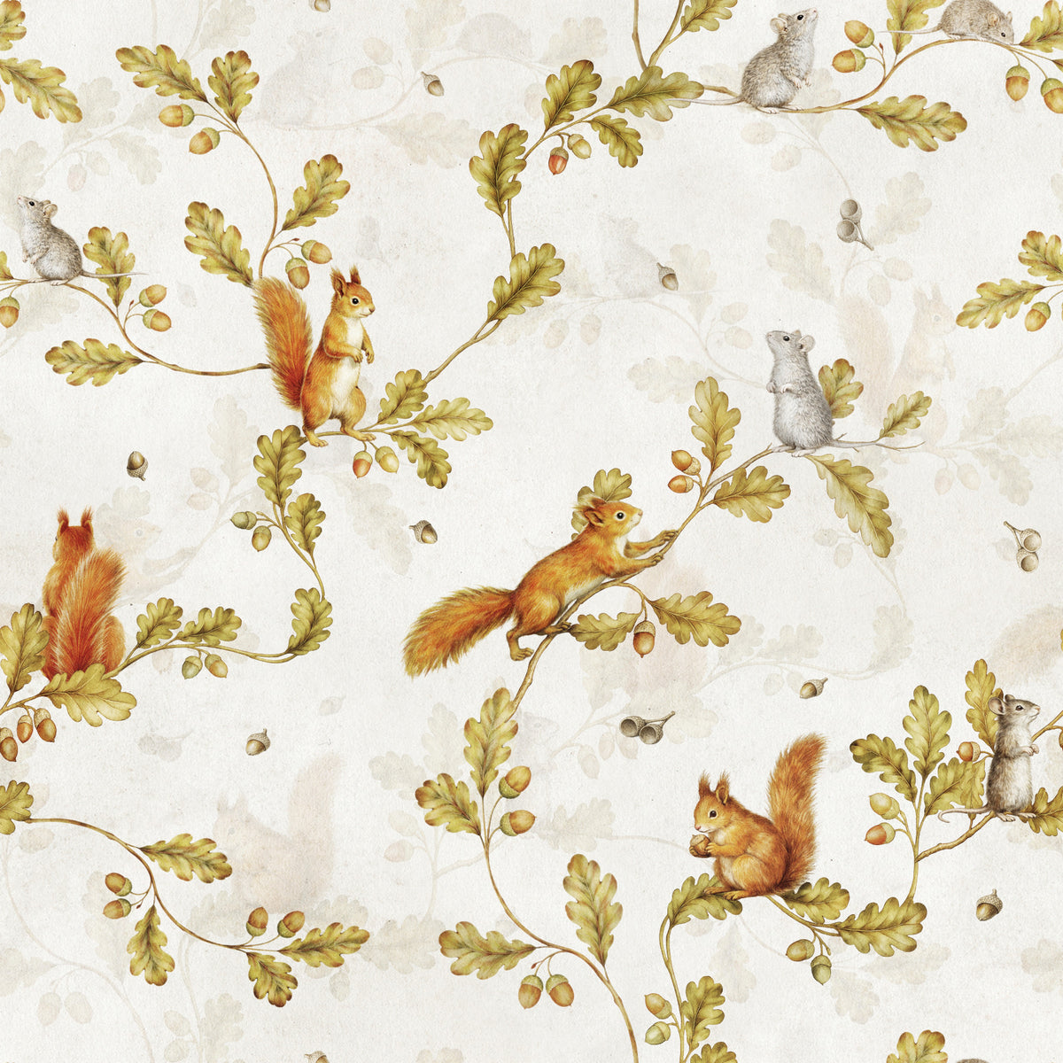 18th Rococo Forest Chinoiserie with Squirrels and Mice on Oak Tree Branches  Wallpaper⁠ in your room — zoomed