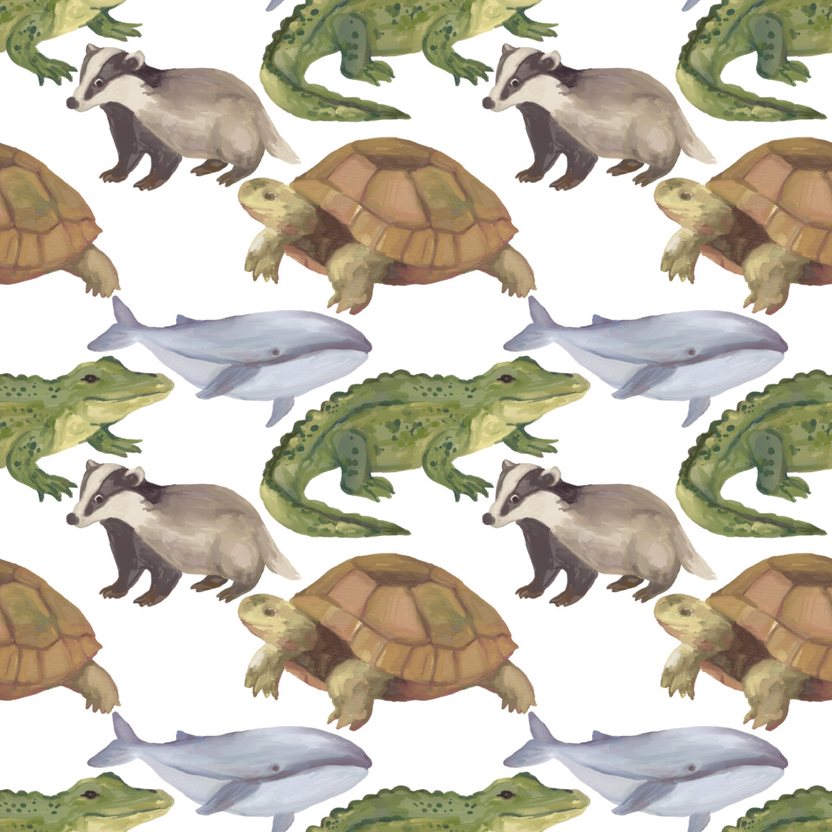 Watercolor Animals Tortoise Crocodile Whale themed kids room Wallpaper⁠ in your room