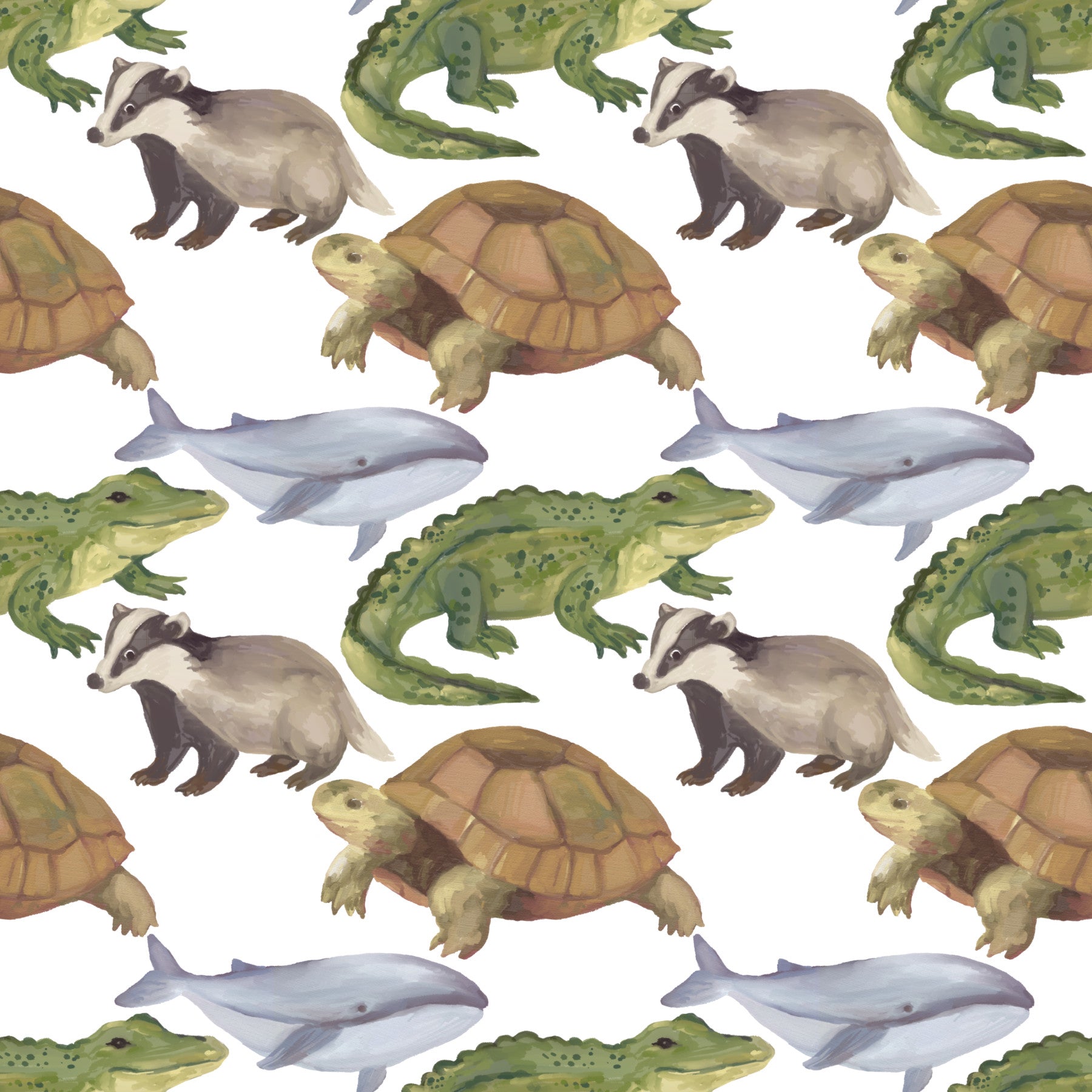 Watercolor Animals Tortoise Crocodile Whale themed kids room Wallpaper⁠
