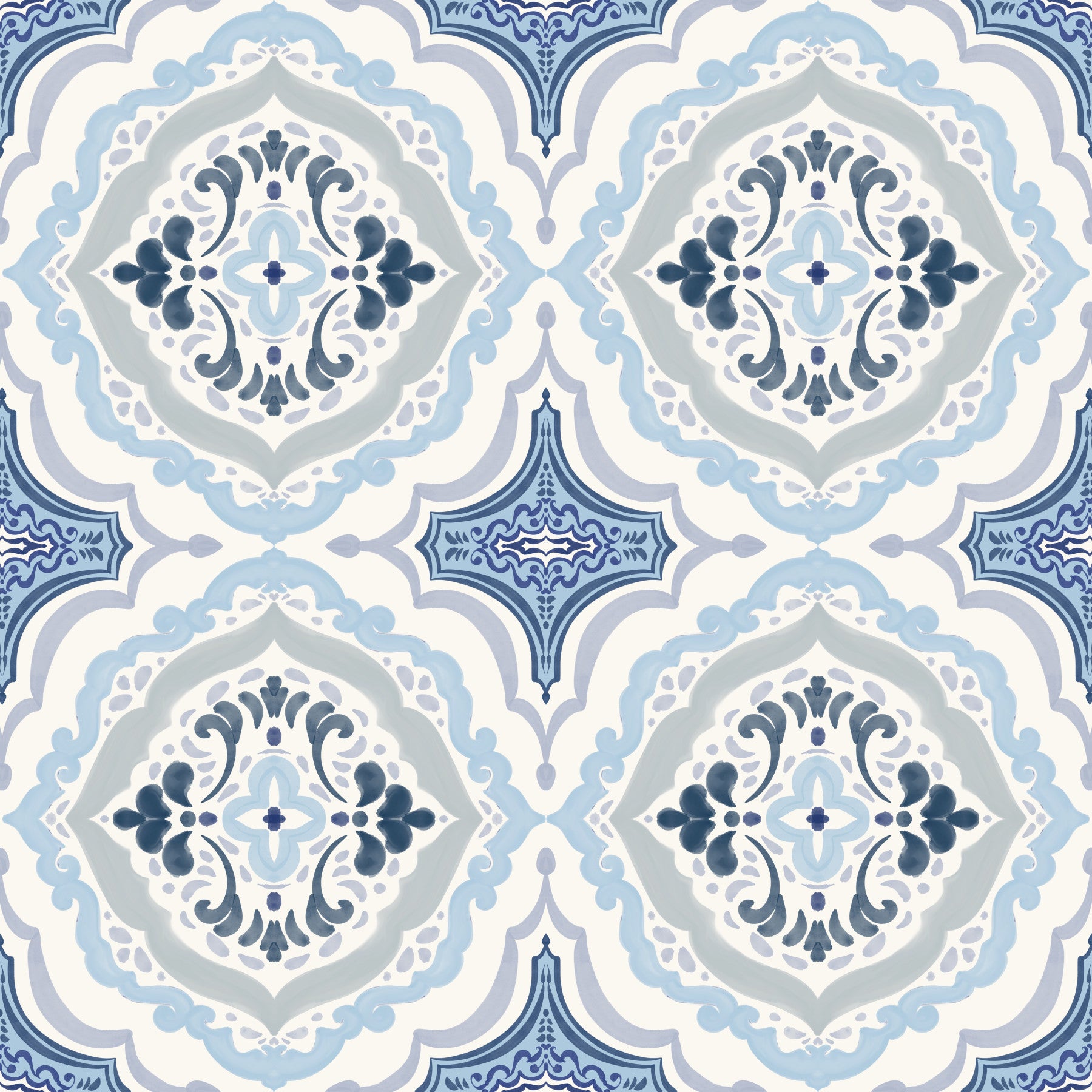 Mediterranean indigo fleur living room tile wallpaper featuring a classic blue floral pattern.