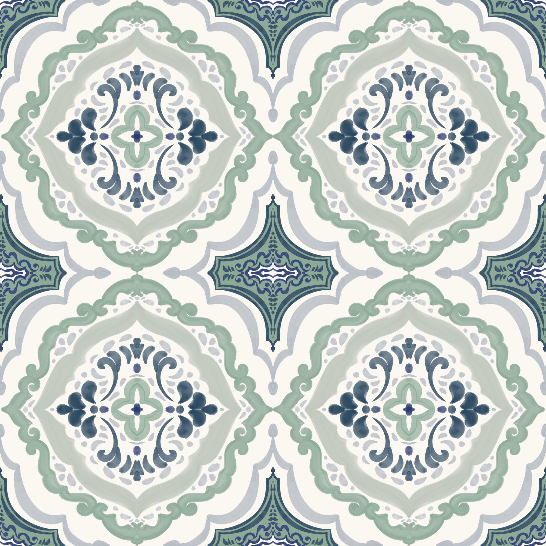 Indigo Bloom Tiles Wallpaper featuring dark blue botanical motifs for hallway 