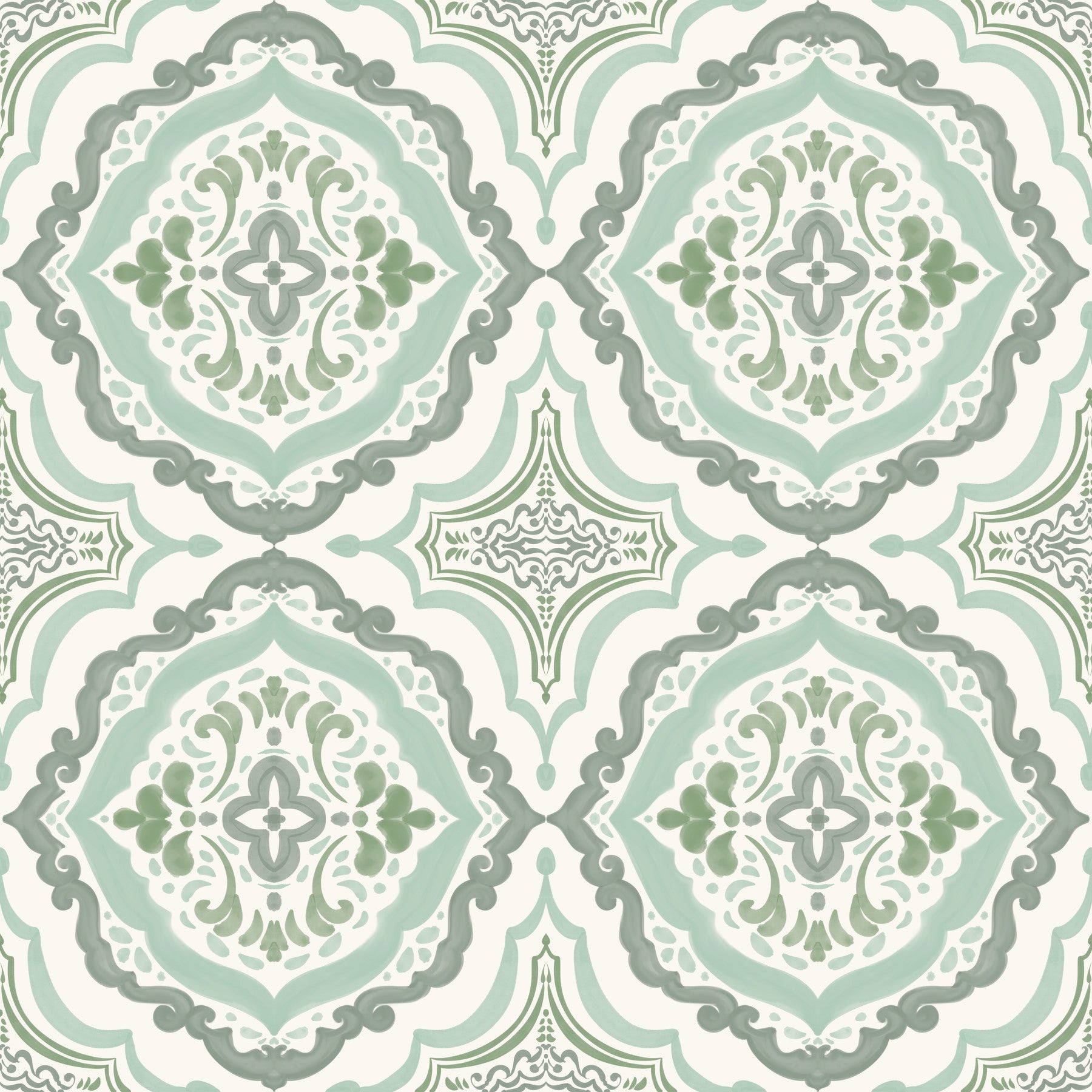Sage Bloom Tile Wallpaper with soft green botanical patterns for dining room