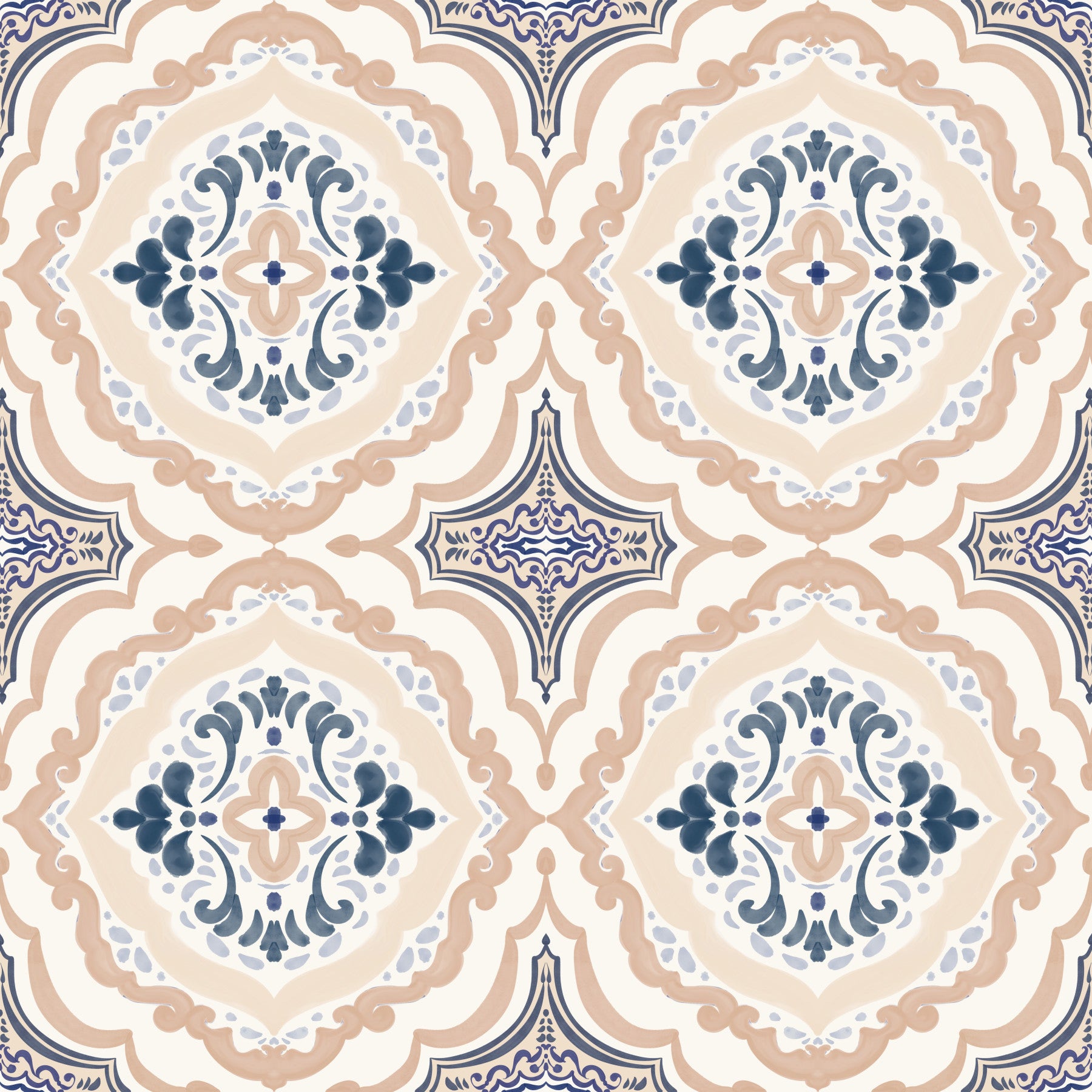 Floral Tile Harmony dining room Wallpaper with soft pastel botanical motifs.