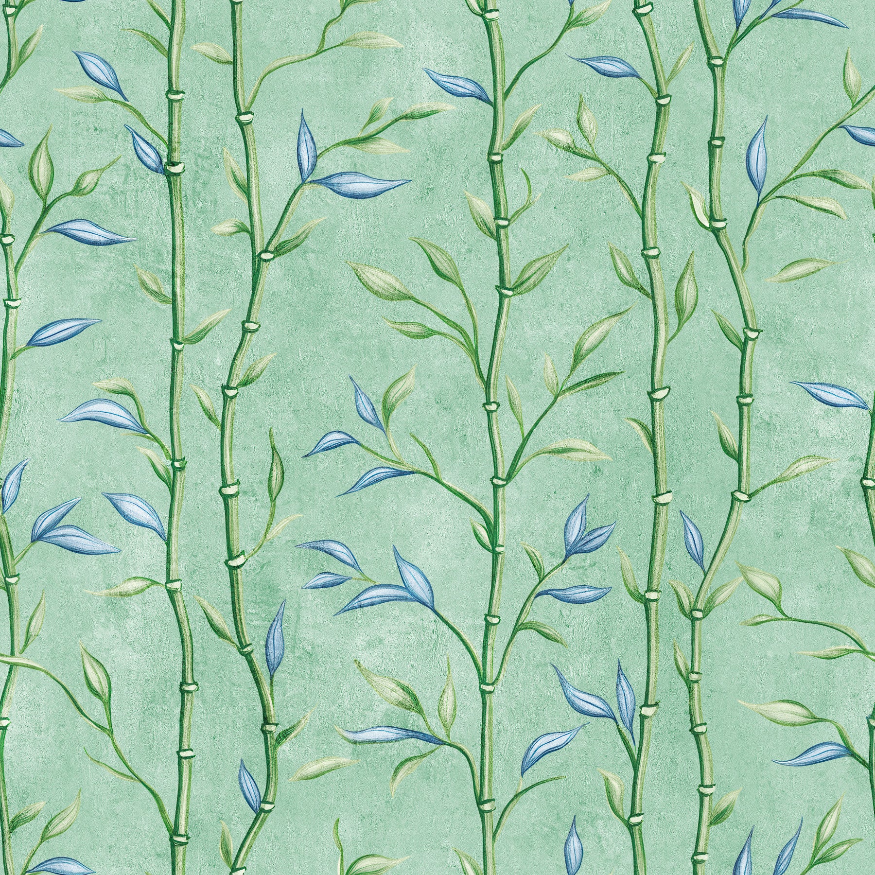 Bamboo wallpaper in a living room with minty teal background and blue leaves
