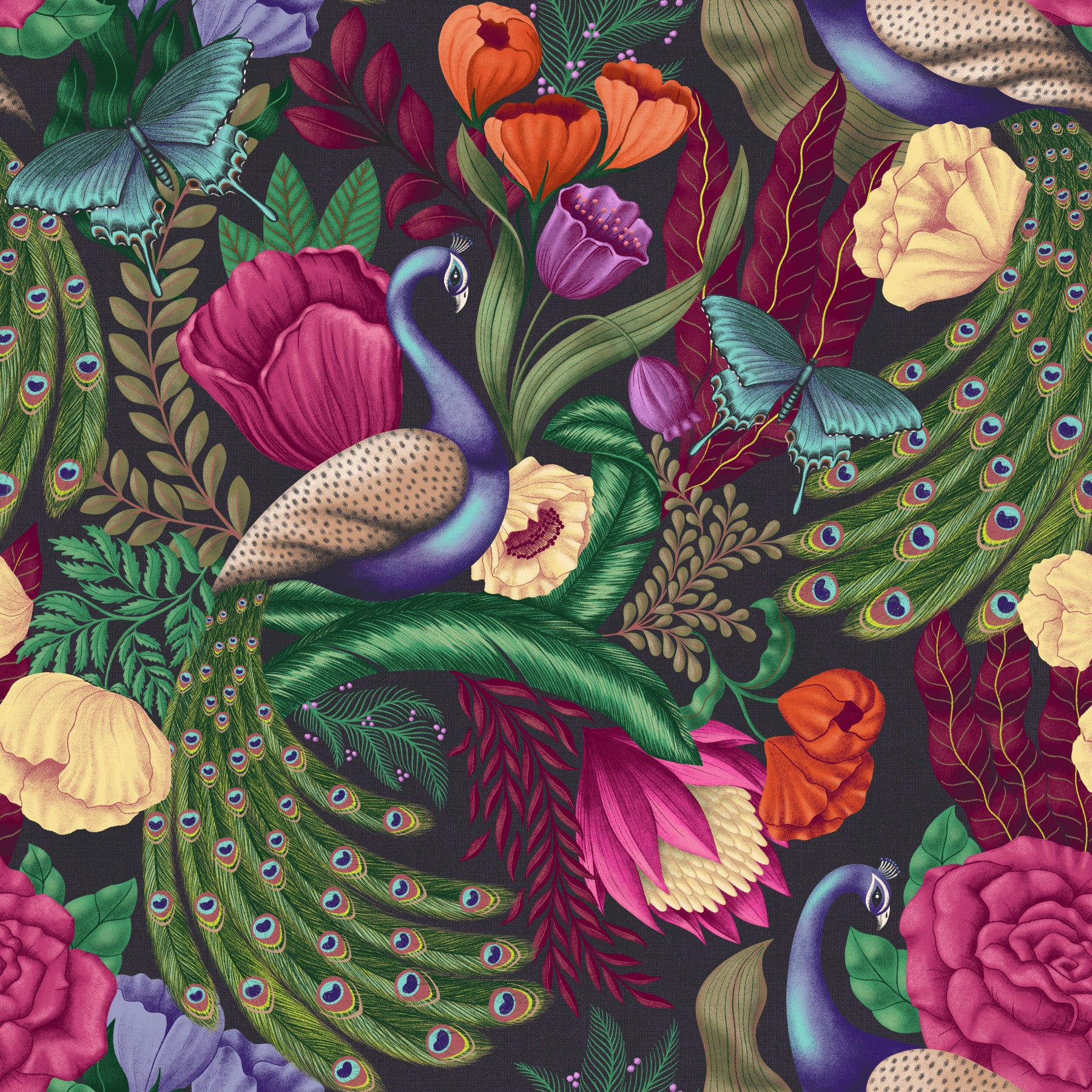 Charcoal black peacock wallpaper in a living room with floral detail