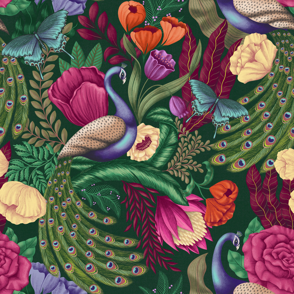 Maximalist Peacock Fantasy Garden - Dark Green Wallpaper⁠ in your room