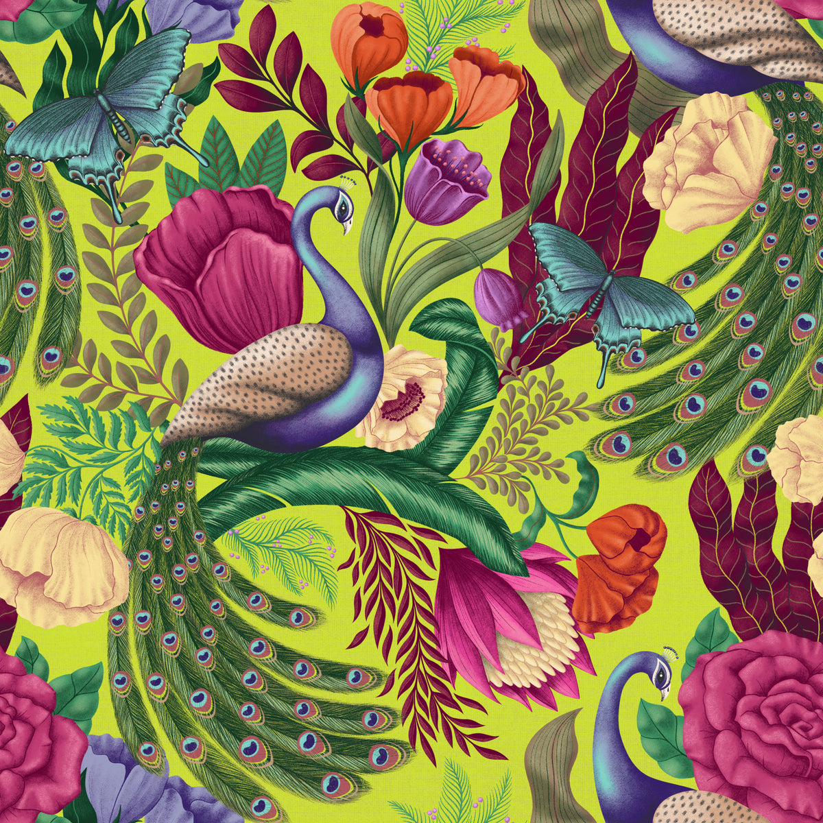 Maximalist Peacock Fantasy Garden -  Neon Green Wallpaper⁠ in your room — zoomed