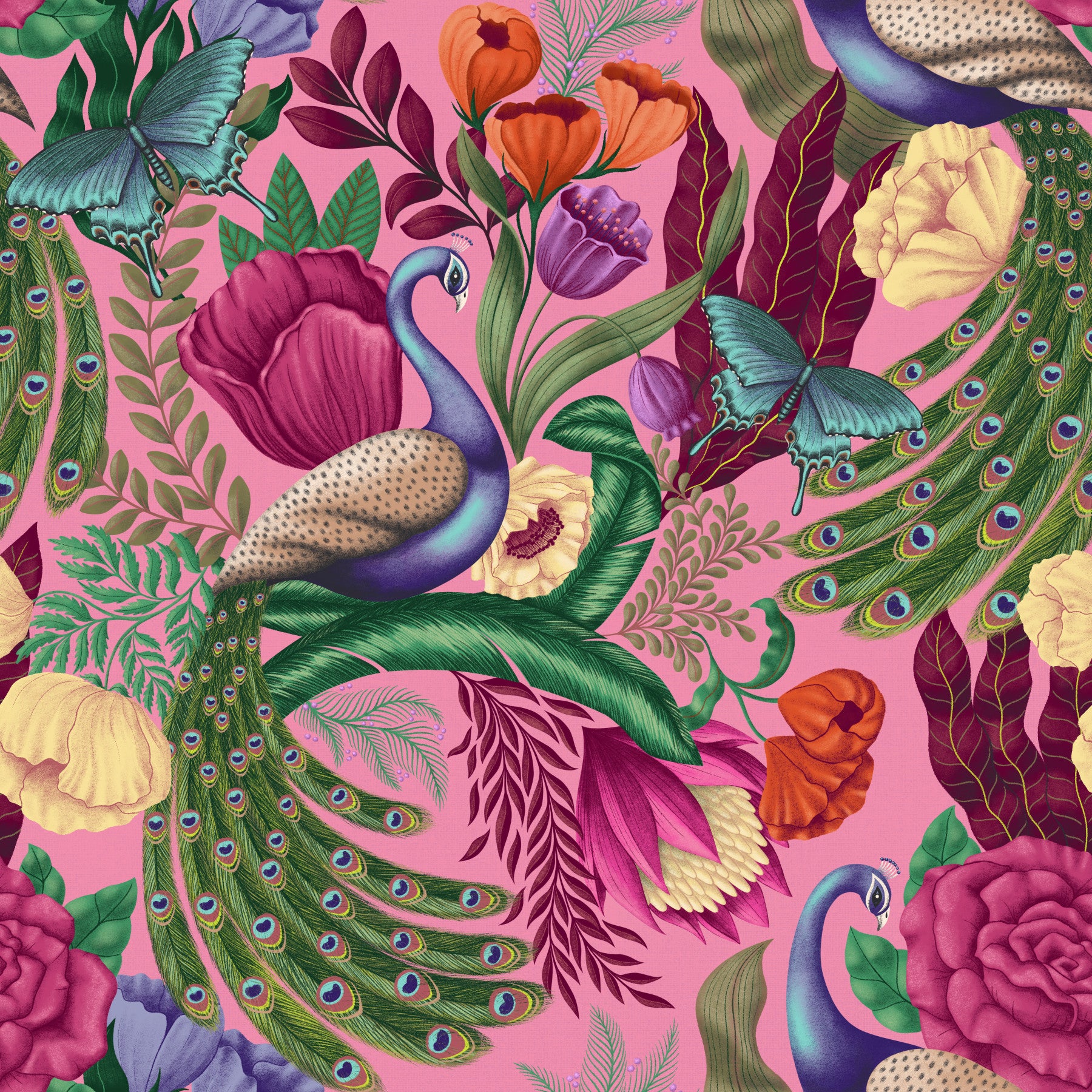 Maximalist Peacock Fantasy Garden - Pink Wallpaper⁠