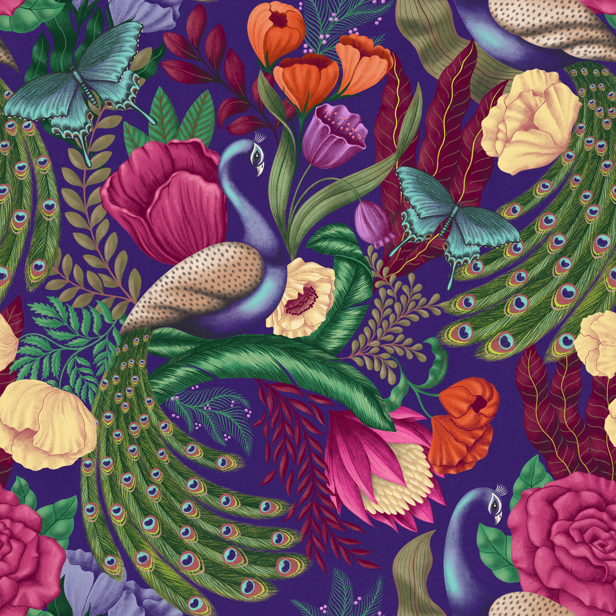 Maximalist Peacock Fantasy Garden - Dark Purple Wallpaper⁠ in your room