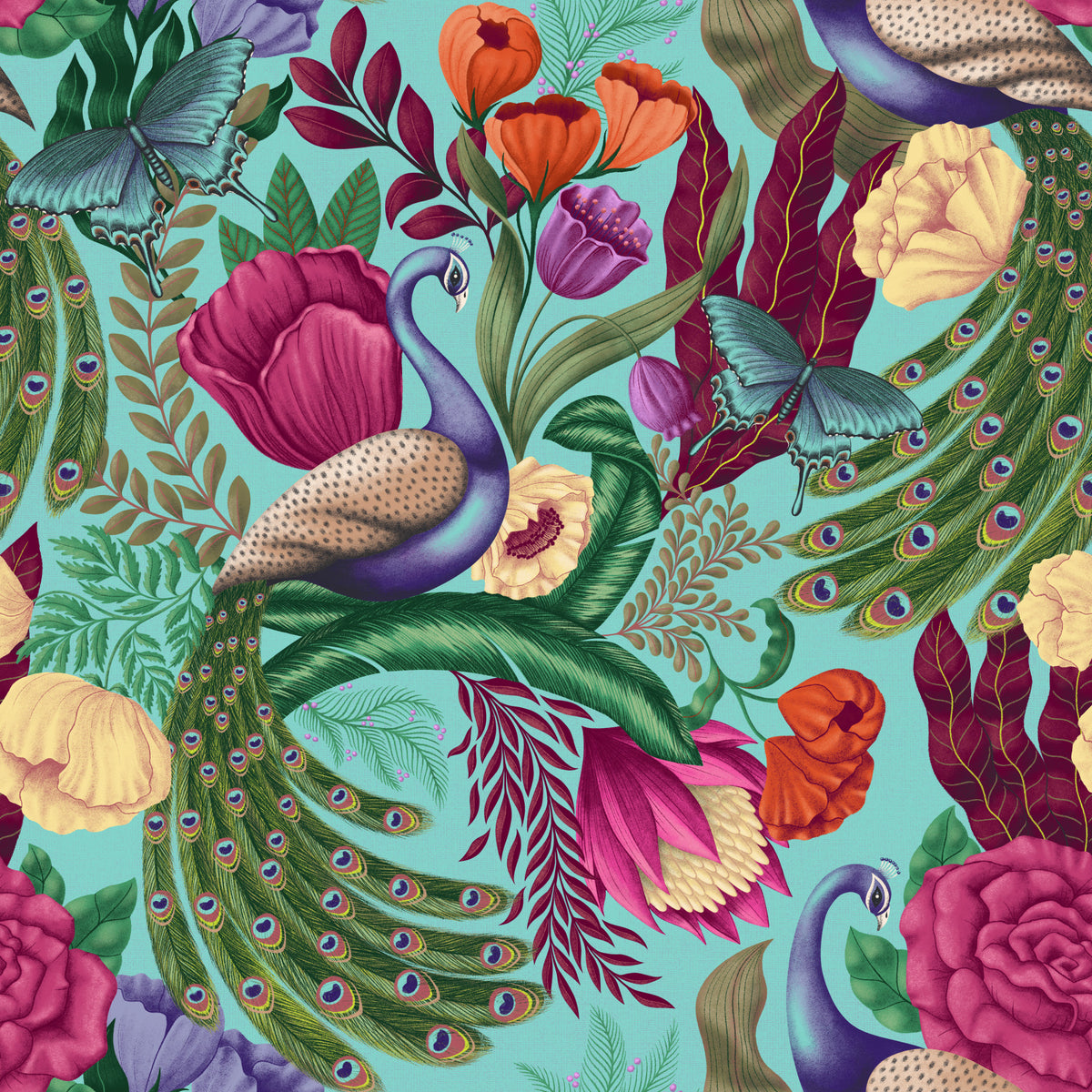 Maximalist Peacock Fantasy Garden - Turquoise Wallpaper⁠ in your room