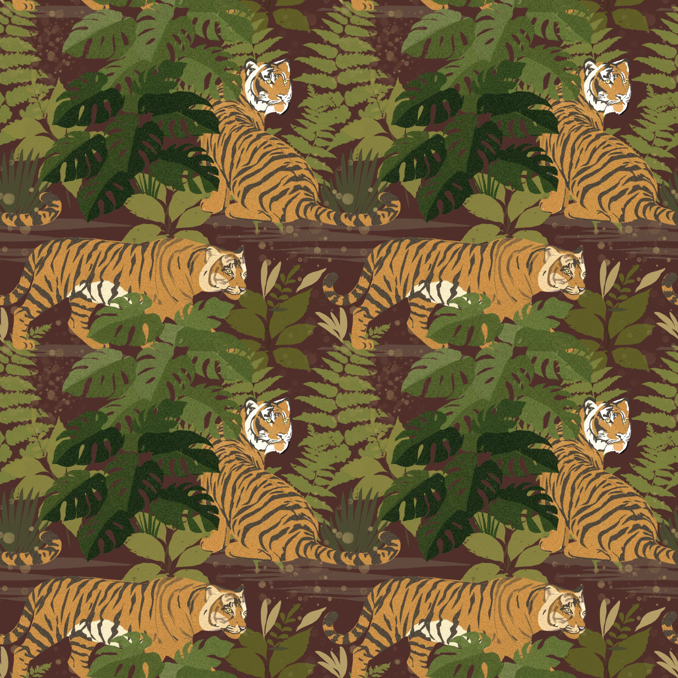 Wild Jungle Roam Tigers Tropical Monstera Wallpaper⁠