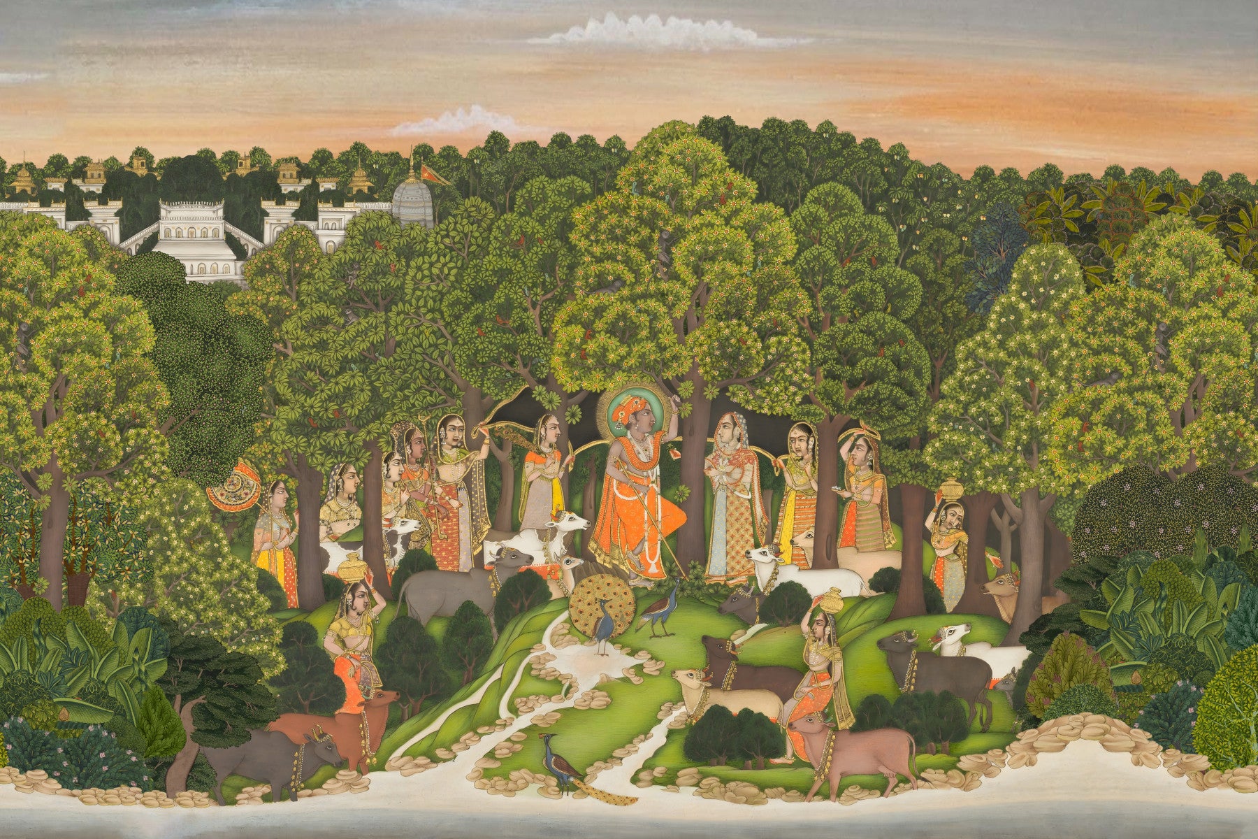 Vrindavan Forest Gathering wall mural shown in living room interior