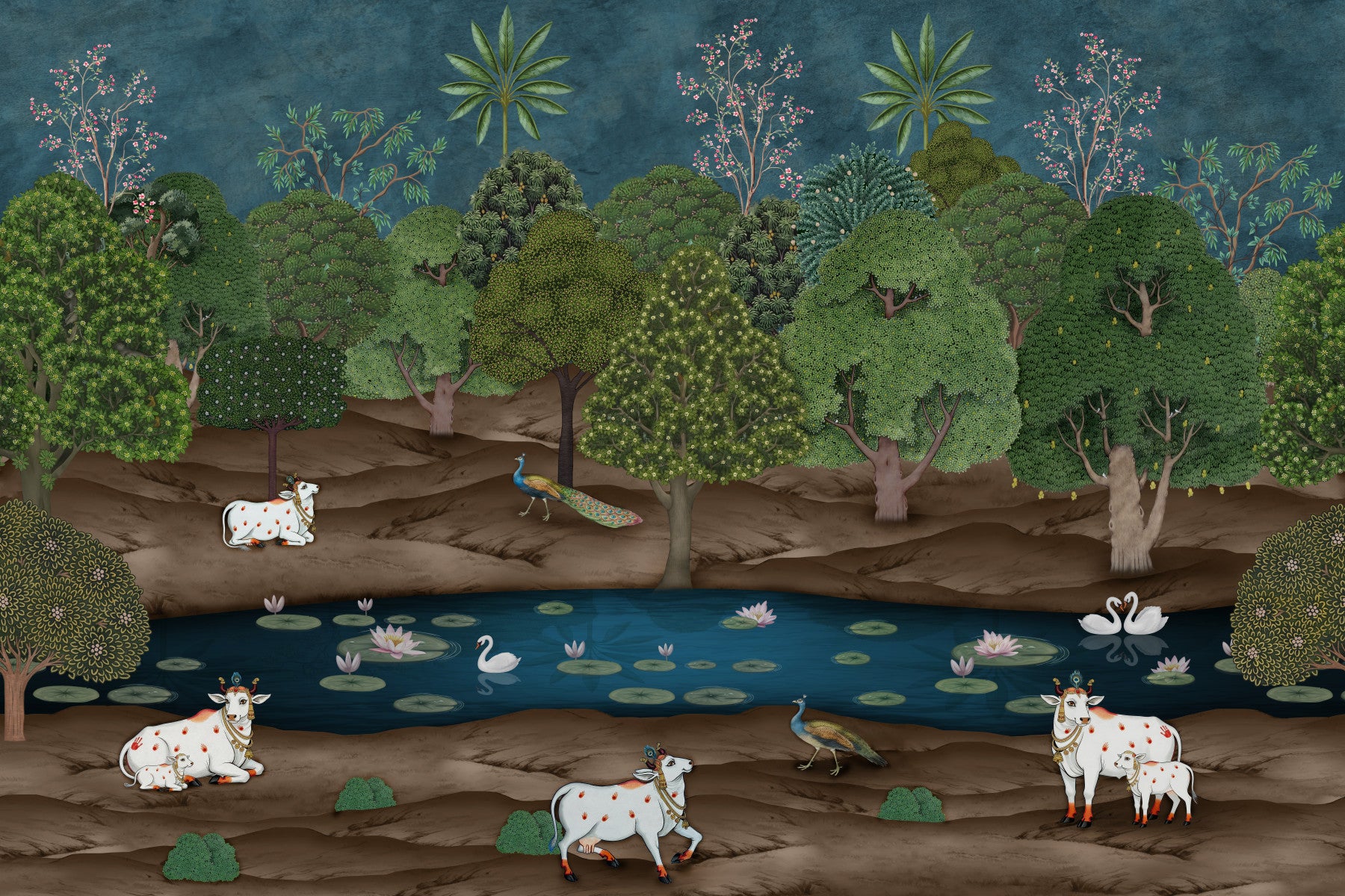 Pichwai Forest dining area Wall Mural with white cows near dark water