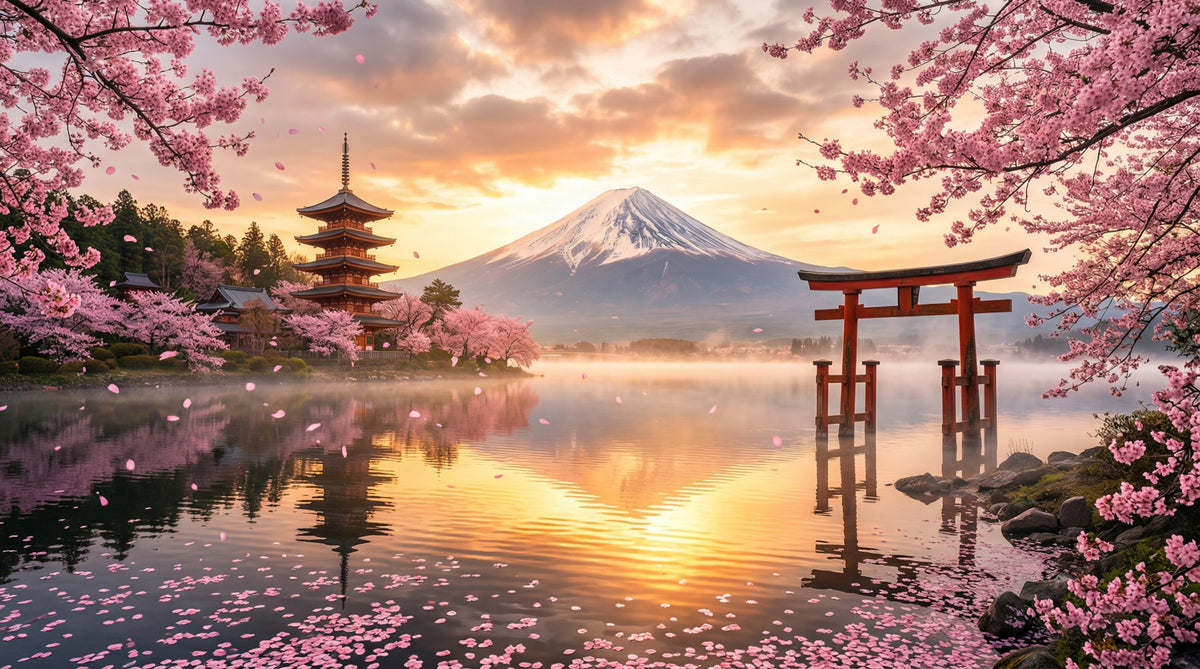 Sakura Vista at Fuji's Golden Hour Wall Mural in your room