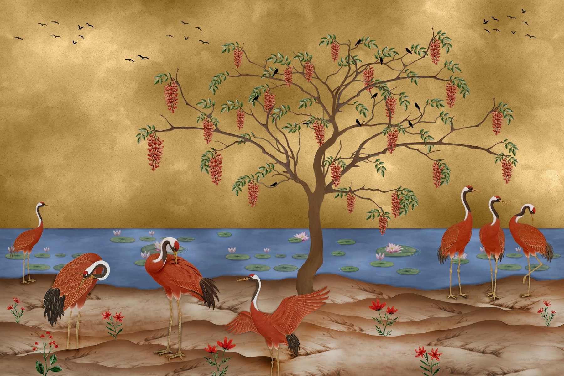 Oriental Cranes & Golden Waters Wall Mural