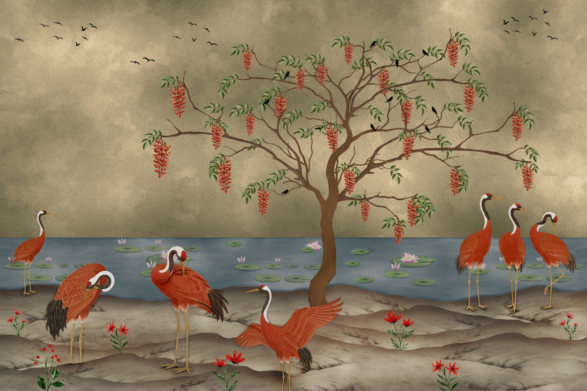 Crimson Cranes by Lotus Lake Wall Mural in your room