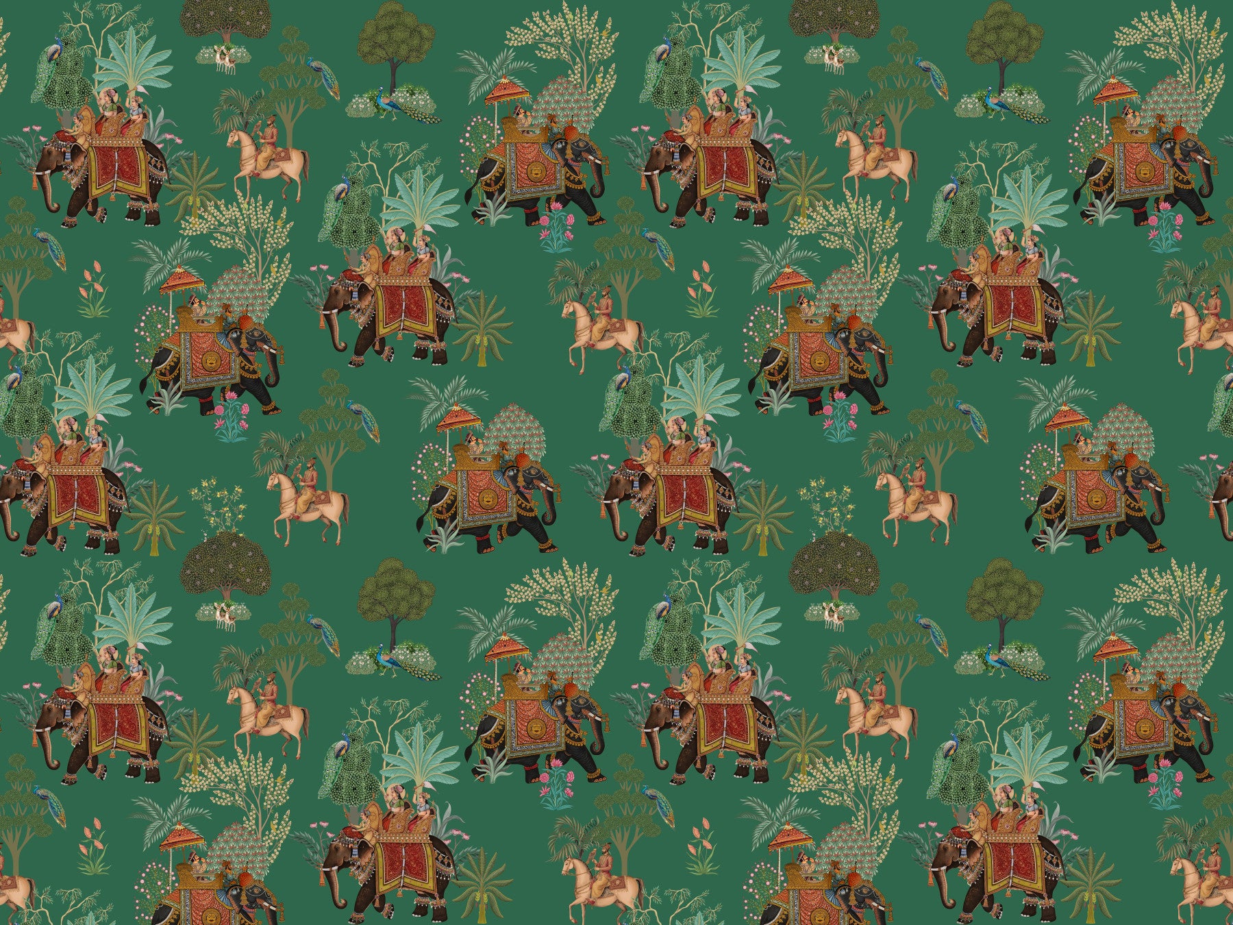 Regal Indian Procession in Emerald Jungle Wall Mural