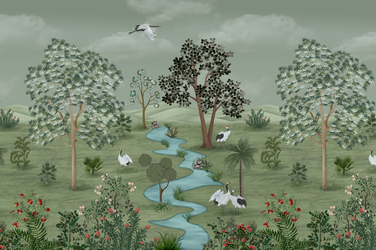 Green Valley Crane Vista Wall Mural in your room — zoomed