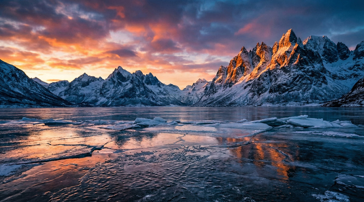 Frozen Peaks, Fiery Skies Wall Mural in your room — zoomed