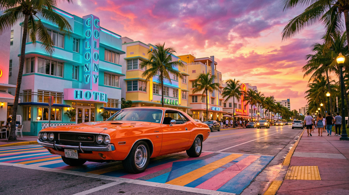Ocean Drive Sunset Ride Wall Mural in your room — zoomed