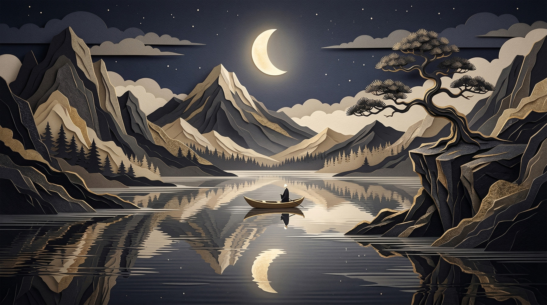 Golden Moon Over Layered Peaks wall mural with lake reflection