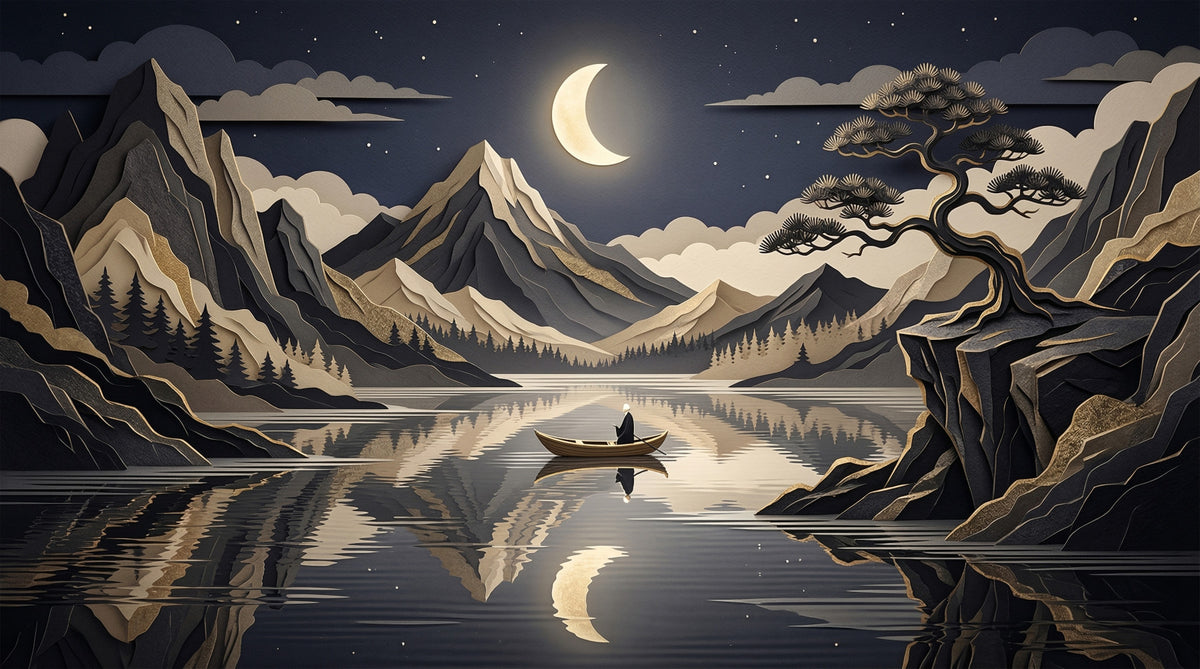 Golden Moon Over Layered Peaks Wall Mural in your room — zoomed