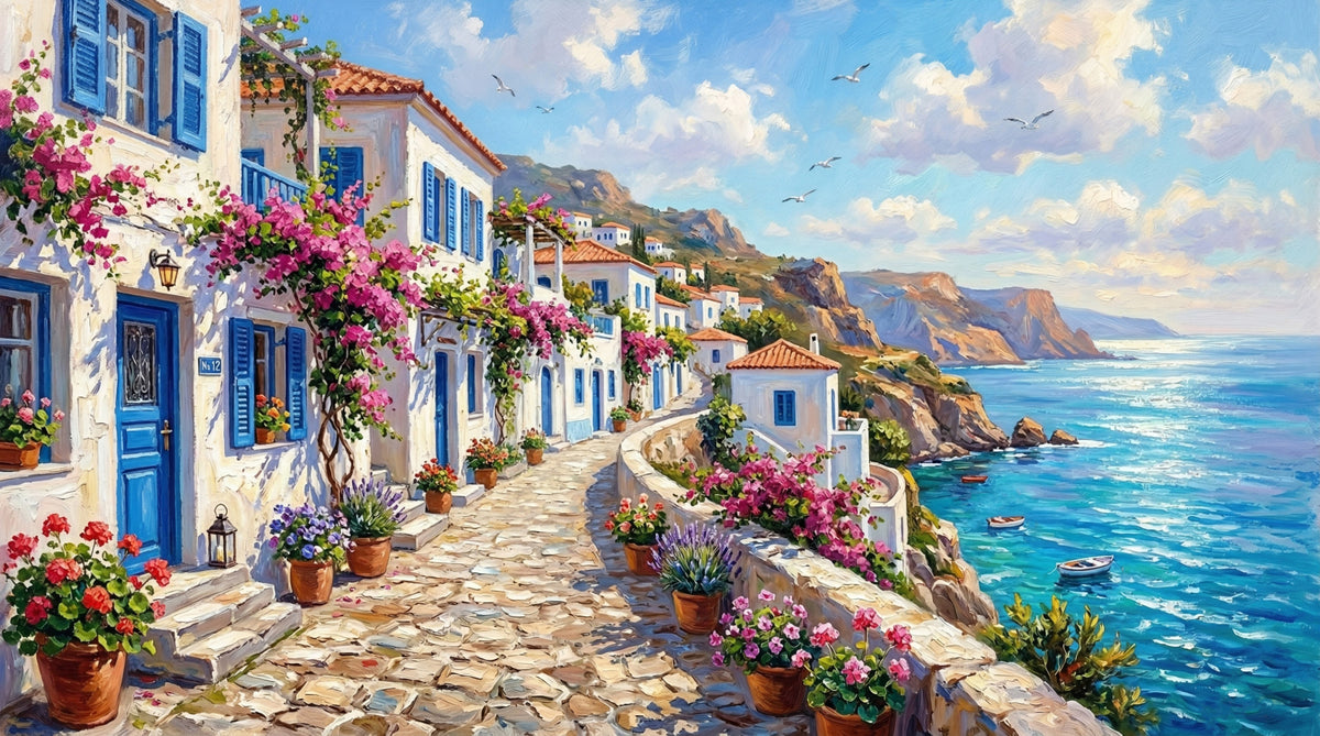 Painterly Greek Isle Escape Wall Mural in your room