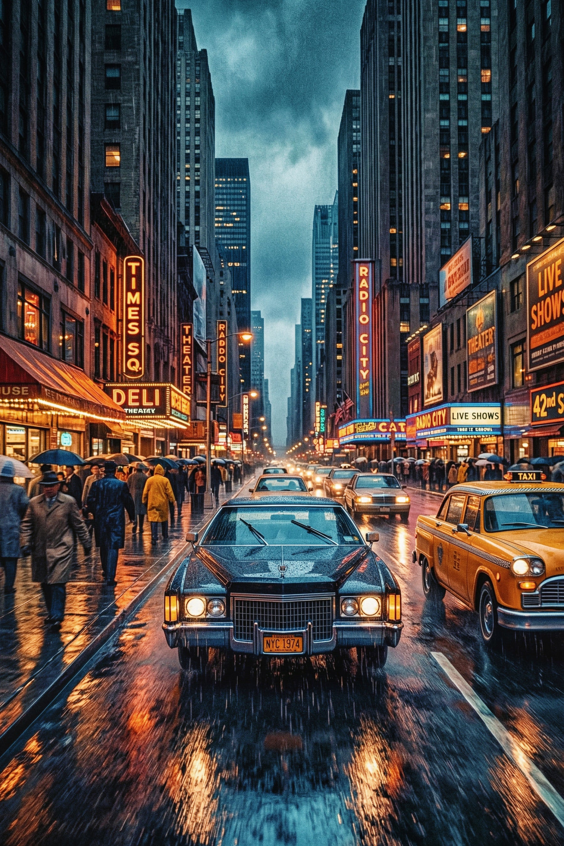 Neon Rain: Vintage New York Streets Wall Mural