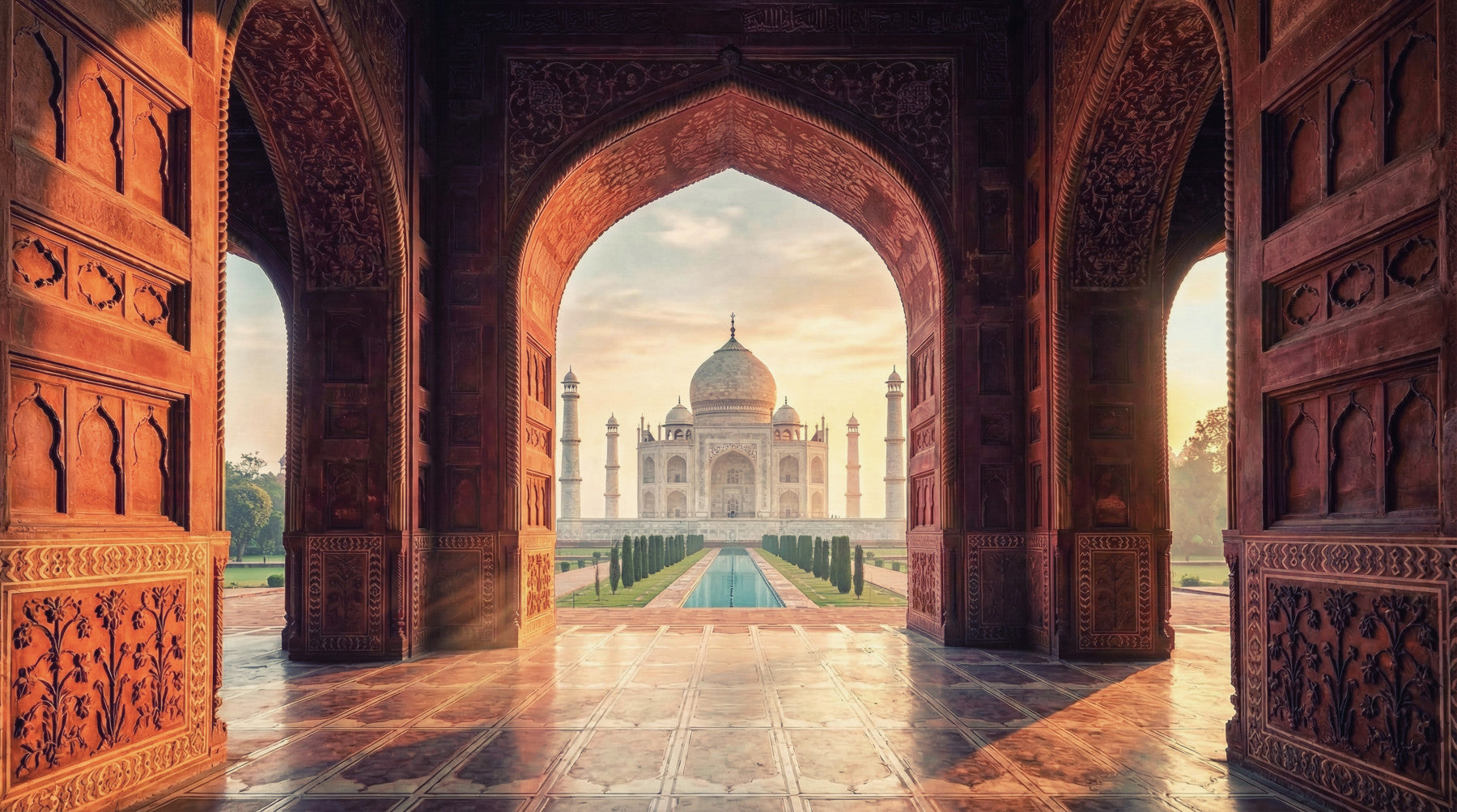 Gateway to Grandeur wall mural in living room with Taj Mahal arch