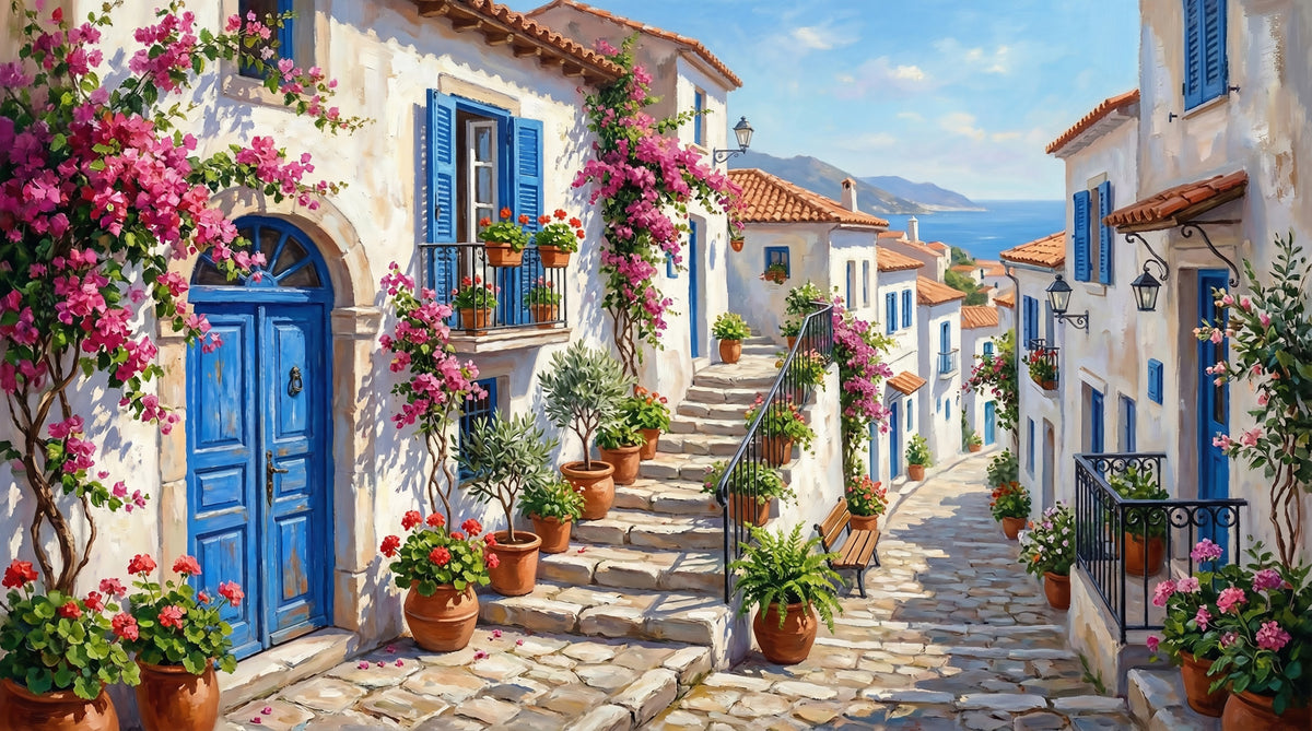Cobalt & Bougainvillea Dreams Wall Mural in your room — zoomed