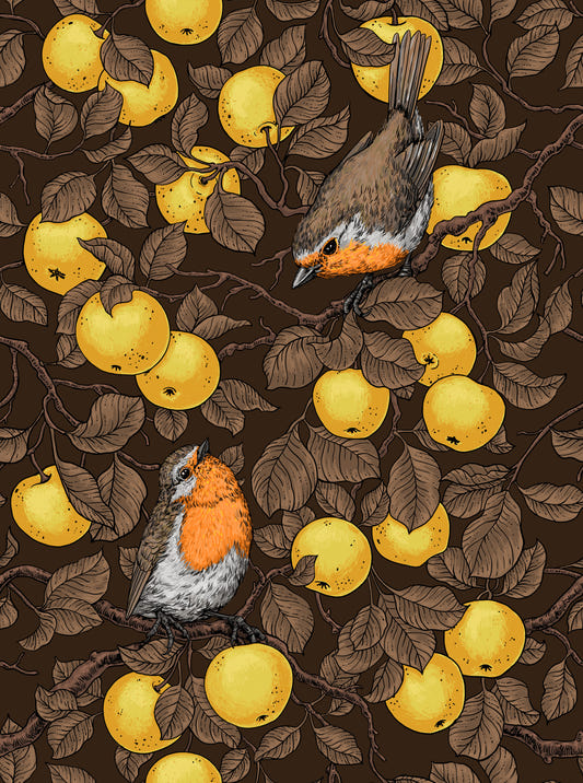 Robins in the apple tree/yellow and dark brown Wallpaper⁠