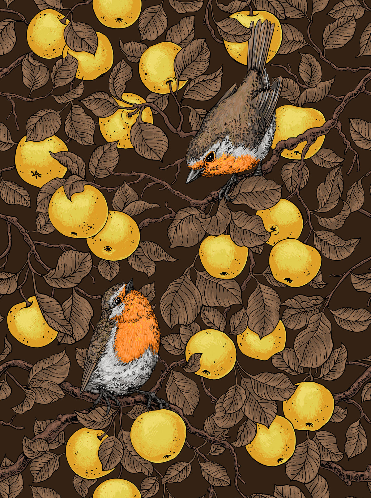 Robins in the apple tree/yellow and dark brown Wallpaper⁠ in your room — zoomed