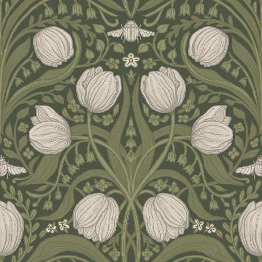 Retro Nouveau Tulips in orange and teal Wallpaper⁠