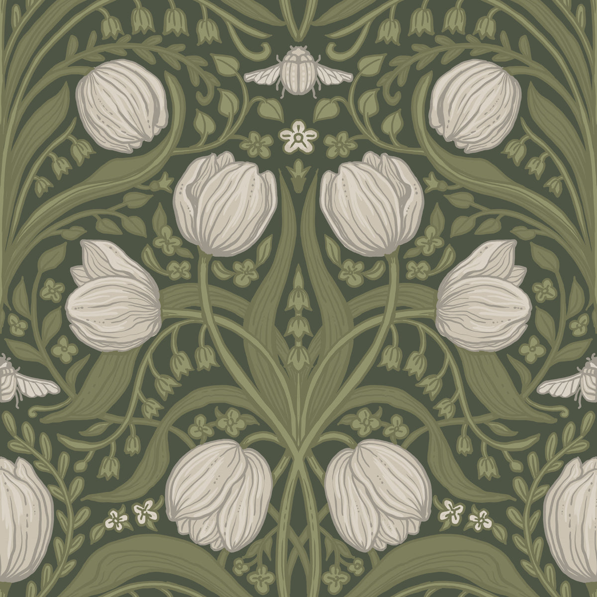 Retro Nouveau Tulips in orange and teal Wallpaper⁠