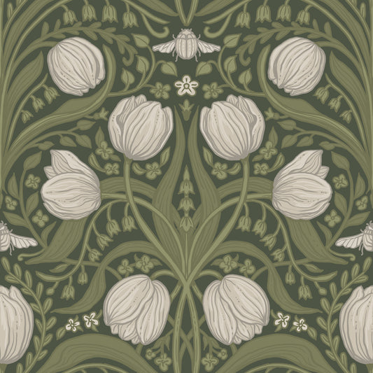 Retro Nouveau Tulips in orange and teal Wallpaper⁠