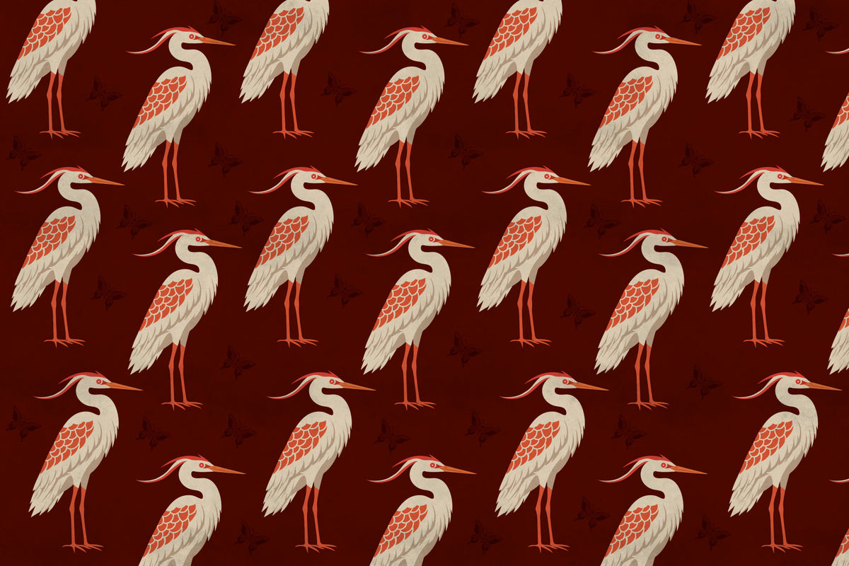 Burgundy Heron & Butterflies Wall Mural in your room — zoomed
