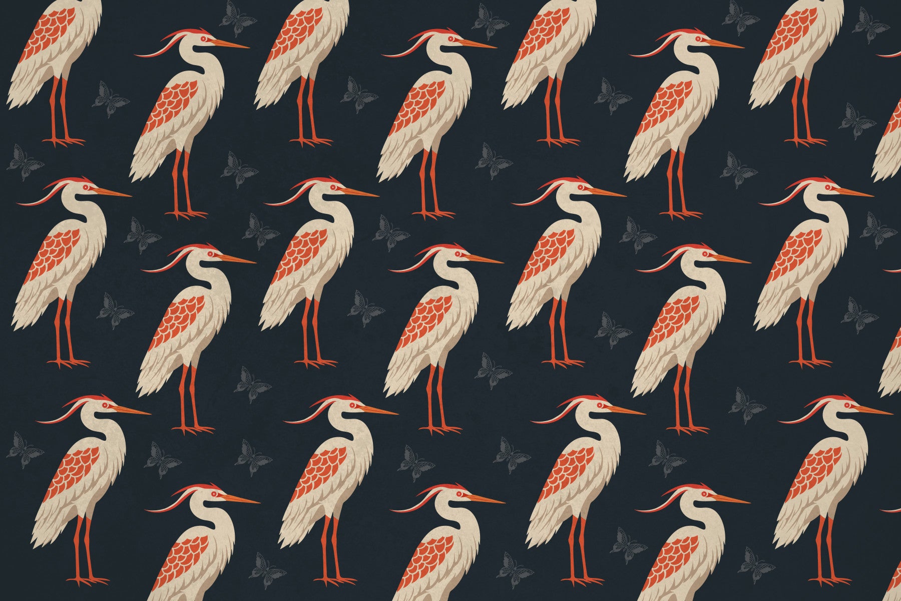 Navy Heron & Butterflies Wall Mural