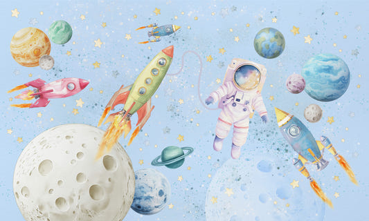 Watercolor Space Adventure Light Blue Wall Mural