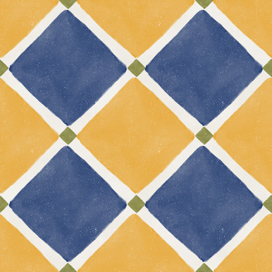 Mediterranean Rustic Checkerboard Aged Decoration - Yellow - Blue Wallpaper⁠