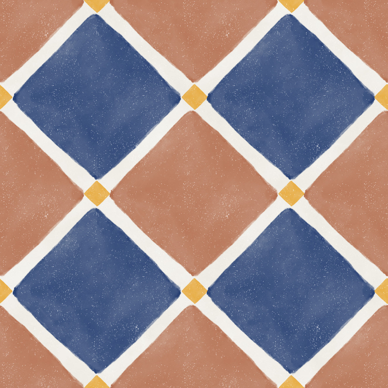 Mediterranean Rustic Checkerboard Aged Decoration - Terracotta - Blue Wallpaper⁠